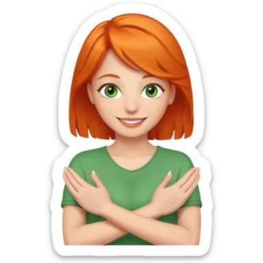woman with green eyes and orange hair putting her pis on her shoulders (pose) happily  sticker