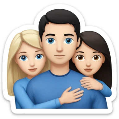 Blond woman with blue eyes on left. And a Man with black hair and grey eyecolor in the middle. And a blank woman with brown hair and grey eyes on the right. Holding each other  sticker