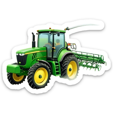 John Deere R4045 (2020) – Cinematic-realistic John Deere R4045 self-propelled sprayer, its green and yellow body gliding over rows of crops. Long booms extend across the field, misting a fine spray over the vibrant green plants, ensuring a healthy harvest under a bright blue sky. sticker