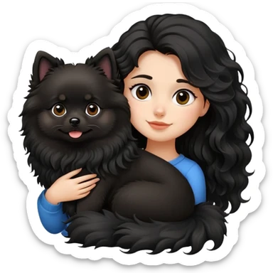 A girl with dark long wavy hair and a black fluffy pomeranian is lying on her left shoulder and neck emoji sticker