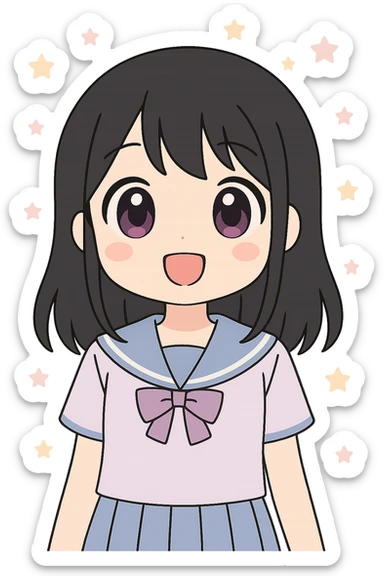 Change hair color to black, keep anime girl with purple eyes, kawaii style, big eyes, soft shading, no background. sticker