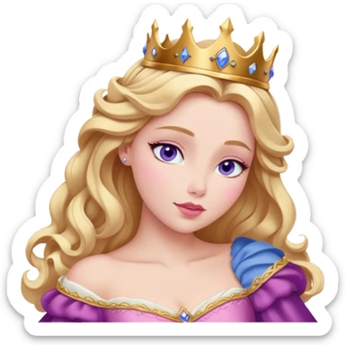 Cinematic Realistic Sleeping Beauty (Aurora) Portrait, with porcelain-like skin featuring a natural rosy flush, illuminated by soft lighting that highlights the gentle contours of her face. Her golden blonde hair flows in soft, detailed waves with subtle highlights that shimmer in the light. Her deep violet-blue eyes radiate warmth and innocence, framed by arched brows and long lashes. Her serene expression exudes quiet elegance. She is dressed in her classic pink gown, the fabric rich in texture with delicate folds that catch the light. A golden crown rests atop her head, gleaming with royal refinement. The portrait captures a soft, glowing aura, blending realism with an ethereal sense of beauty and timeless enchantment. sticker