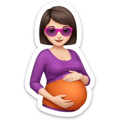 pregnant stylish woman with short pixie brunette hair happily touching her big belly while wearing fashionable clothes and colorful shades sticker