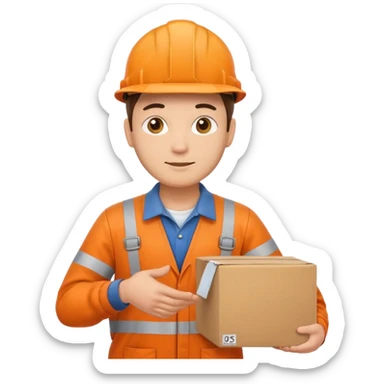 railway engineer, orange overalls carrying a box sticker