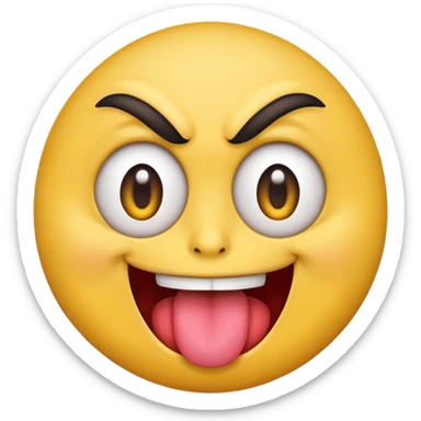 A yellow round face emoji smirking with its tounge out but the eyes are evil and kind of crazy and the eyebrows are turned in but one is raised  sticker
