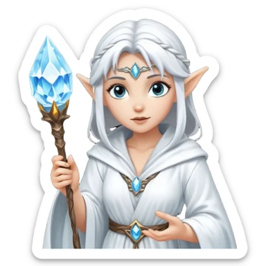 {
      "type": "human",
      "look": "snow elf sorceress, white robe, silver staff, ice gem top",
      "description": "a snow elf sorceress in a white robe with a silver staff topped by an ice gem"
    } sticker