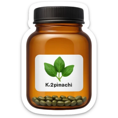 brown glass jar of supplements with white label, black thin title K2 and small spinach emoji sticker