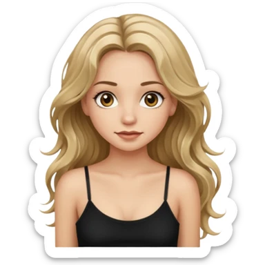 make an emoji girl with long dirty blond hair and hazel eyes. wearing a cute black spaghetti strap tank top tank top and her hair is down and slightly wavy. she also has really long eyelashes  sticker