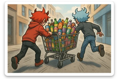 aka uka ichimlik ortilgan aravani olib qochishyapti orqa tarafdan rakurs yuzi ko'rinmasin sticker