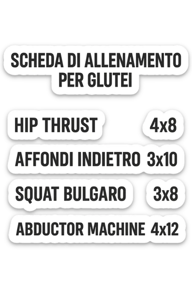 scheda di allenamento glutei in italiano con le reps scritte (tipo 4x8 ecc), iperrealistico 4k sticker