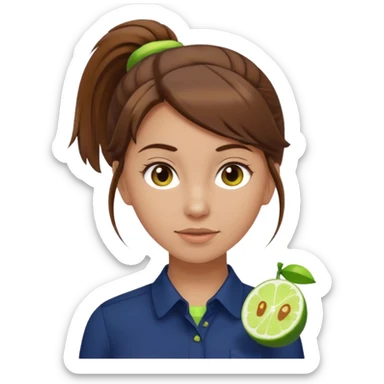 female with brown hair in ponytail, brown eyes, navy blue blouse with lime green Indie Services logo, emoji style, neutral expression sticker