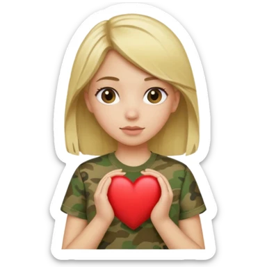Blonde girl with olive shirt holding camo heart sticker