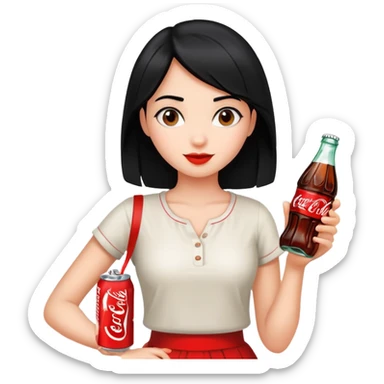 girl with black hair holding a coca cola bottle sticker