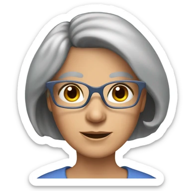 Grey long bob haired lady aged 55 76 kg brown eyes blue square glasses sticker