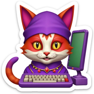 crazy colorful cute little cat jolly joker from poker, medieval, vintage, court jester, mac os icon, purple and red color, half body. The cat is inside a retro computer terminal sticker