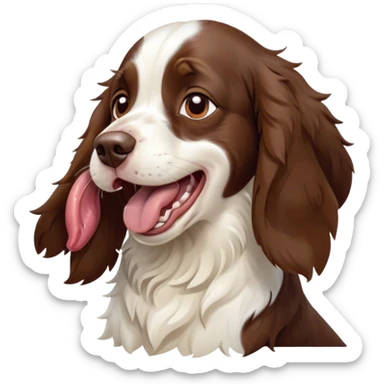 Cinematic Cute Yawning Springer Spaniel Portrait Emoji, Head tilted slightly with a dramatic, wide-open yawn, showcasing a smooth Fur of liver and white with crisp markings, floppy ears slightly drooping, round brown eyes barely open in drowsy contentment, Simplified yet irresistibly adorable features, highly detailed, glowing with a soft, cozy glow, high shine, relaxed yet expressive, stylized with a touch of whimsy, bright and endearing, soft glowing outline, capturing the essence of a sleepy yet affectionate companion, so drowsy it feels like it could stretch right out of the screen and curl up for a nap! sticker