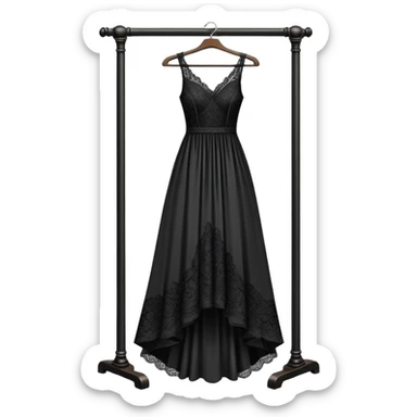 clothing rack with an elegant black dress hanging on it sticker