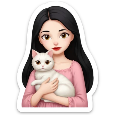 Beautiful Girl Long Hair black, Brows Big , Skin White, Dress Pale Pink , Big Red Lips, EyesCoffe , Hug Little baby Persa Cream Cat With Cute Eyes sticker