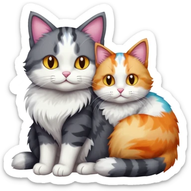 full body large dark grey and white cat cuddling a colourful light patched calico + white tabby cat  sticker