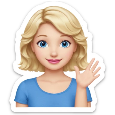 Girl Blonde short wavy hair,  blue eyes, cute blue top, long lashes, pink lips, smiling, one hand palm up sticker