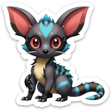 Rare exotic cute epic aesthetic gothic colorful Salandit-Eevee-Civet-species-Fakemon-hybrid-creature, with markings, full body sticker