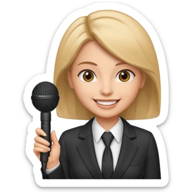 a office woman presenting her idea with microphone smiling
 sticker
