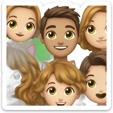 Girl with brown eyes and brown hair kisses boy with brown hair and green eyes and hugs brown fat cats sticker