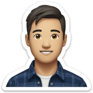 A asian young man with no beard,  short brown hair, exuding confidence, clad in a navy blue checked flannel shirt. sticker