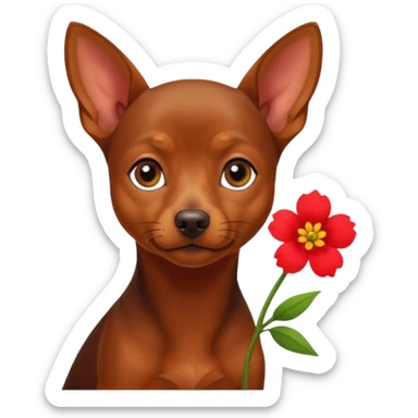 a little brown pinsher, who give a red flower sticker