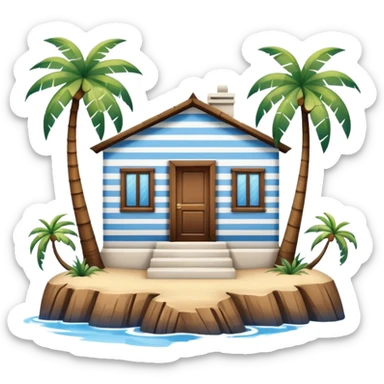 A full square 1 by 1   white and blue stripe building  horizontally with brown wooden door on a island with palm trees  sticker