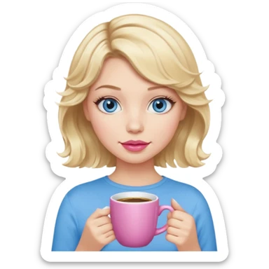 Girl Blonde short wavy hair,  blue eyes, cute blue top, long lashes, pink lips, holding hot white coffee mug sticker