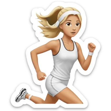 Mujer color de piel moreno, con cabello rubio largo, lacio y suelto, bonita, nariz respingada, corriendo con ropa deportiva color blanco  sticker