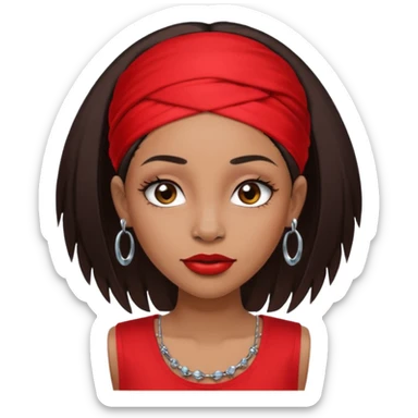 light-skinned black girl with long eyelashes with long strait dark brown hair with edges wearing a red top with no sleeves. and a red accessory on her head with nose and mouth piercings. sticker