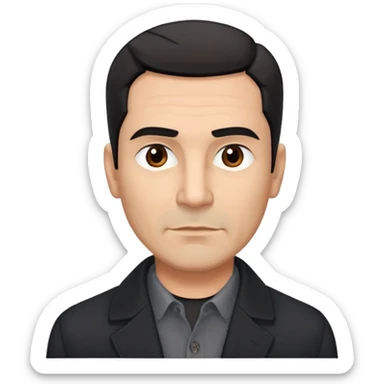 Broad-shouldered Hispanic man in his 50s, light brown complexion, square face with defined jawline, short straight black hair combed back with faded sides, thick eyebrows, black coat with gray buttoned-up shirt sticker