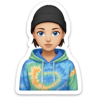 shaved haired brunette girl with a black beanie on and a tiedye hoodie. she has blue eyes sticker