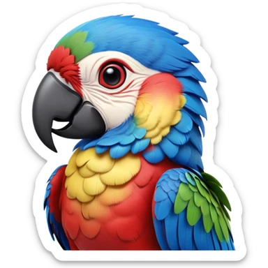 Cinematic Realistic Cute Macaw Portrait Emoji, Head tilted playfully and inquisitively, featuring a compact, lively build with intricately detailed, vivid scarlet and blue feathers and a charming, expressive face with round, sparkling eyes full of tropical wonder, rendered with realistic texture and vibrant natural hues, high shine, affectionate and spirited, styled with a touch of whimsical rainforest charm, soft glowing outline, capturing the essence of a mischievous yet lovable macaw that seems poised to flutter playfully into your arms! sticker