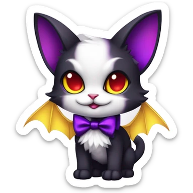 Cute-Evil-Vampiric-Batty-Cat-Black-Purple-Red-Yellow-Contrast-Colors-Fantasy-Fur-Sona-Chibi-Shiny-Fakémon-Hybrid with horns and big fangs neck bow white tie leg spats full body sticker