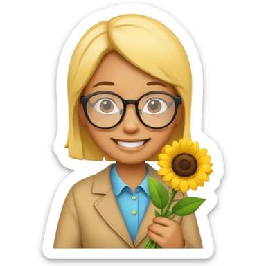 Create a yellow emoji holding flowers and wearing glasses with a joy expression sticker