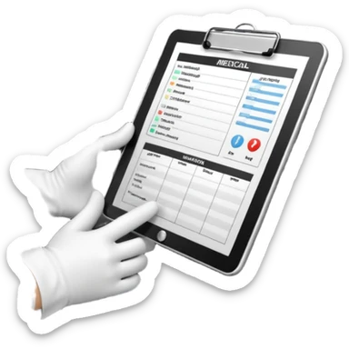 A dashboard view with radio, gloves, and medical chart on clipboard.
 sticker