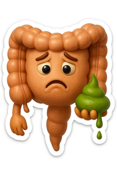 emoji stile iphone 3d di un intestino con espressione triste con cacca verde e liquida in mano, iperrealistiche 4k sticker