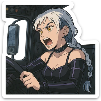 she is driving a 16 wheel truck inside the cab, yelling, turning the weel sharply, a closeup portrait of young woman with gold yellow eyes, white hair, long braid, black off-shoulder top d-cup, punk gothic style, futuristic cyberwave cyberpunk, sticker