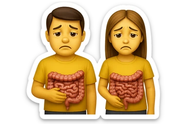 emoji stile iphone di un uomo e una donna con espressione triste ed intestino in evidenza, iperrealistico 4k sticker