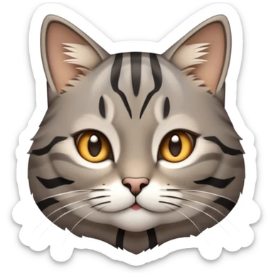 cinematic-cute-grey-and-black-brown-tabby-cat-portrait-emoji,-head-tilted-playfully-and-inquisitively,-sleek-grey-brown-fur-with-bold-black-tabby-stripes-and-a-distinctive-m-shaped-marking-on-the-forehead,-sparkling-amber-eyes,-simplified sticker