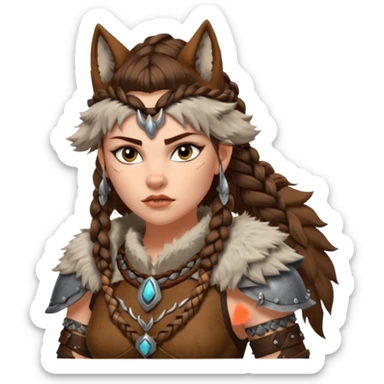 barbarian woman wolf rider portrait, head and shoulders only, fierce female warrior, fur-lined barbarian armor collar, wolf fur details, wild braided hair, intense eyes, tribal warrior vibe, fantasy style, 3D cartoon, mobile game icon style, clean background, no text, no watermark
 sticker