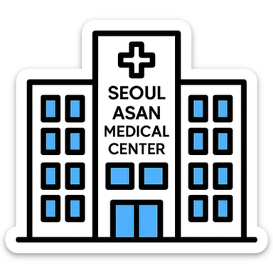 Seoul Asan Medical Center, minimal hospital building, blue windows, inspired by reference image sticker