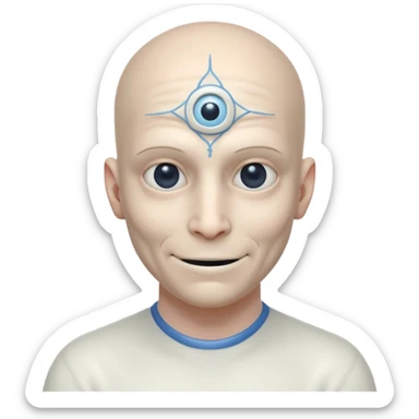 mutant test subject portrait, head and shoulders only, third eye on forehead, pale skin, creepy calm smile, lab experiment style, 3D cartoon, mobile game icon style, clean background, no text, no watermark

 sticker