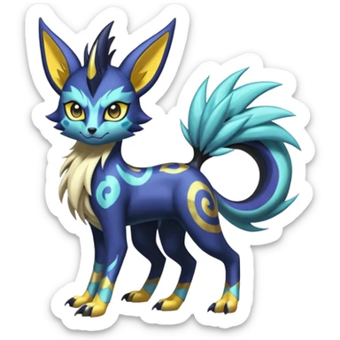 Shiny colorful exotic Feral Scaly Striking Slaying Badass Evil Handsome Lightning-patterned Zig-zagged buzzy fuzzy Meloetta-Renamon-Luxray-Cobalion-Suicune-Vernid-fusion-hybrid-creature, full body  sticker