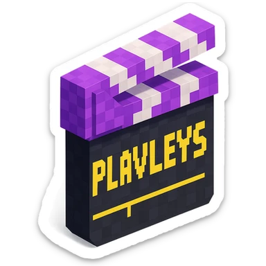 voxel style movie clapperboard with the text 'PLAVLEYS', purple lid, black body, isometric view sticker
