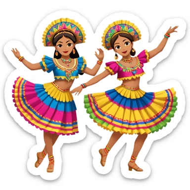 Cinematic Realistic scene of two dancers performing Cumbia, adorned in colorful traditional Colombian costumes with intricate details, captured in rhythmic motion with lively, festive lighting sticker