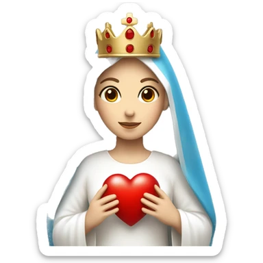 holy mary with a crown, blue veil, white clothes, white skin, holding a red heart in her hands sticker